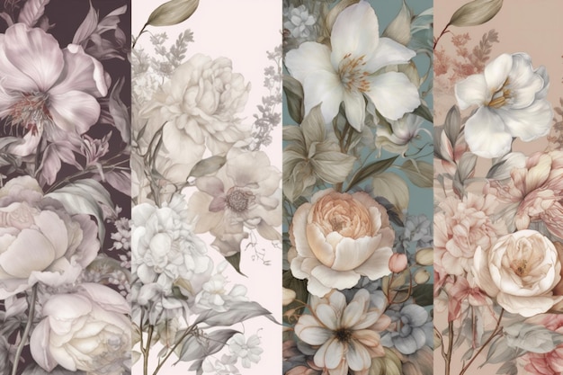 Foto seamless sfondo delicato carta da parati fiore foglia peonia design illustrazione acquerello pastello ia generativa