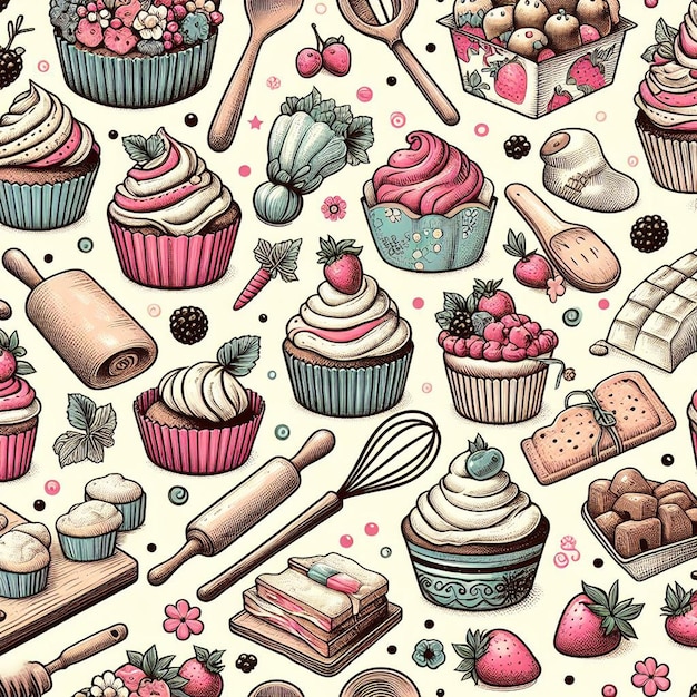 Фото Бесшовные вкусные печенье пекарня маффин торт торты векторное искусство илюстрация икона рисунка обои
