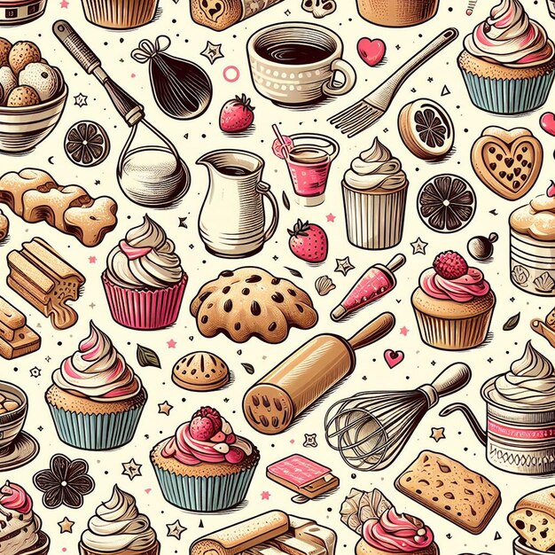 Photo seamless delicious cookies bakery muffin cake cakes vector art illustration icon pic wallpaper