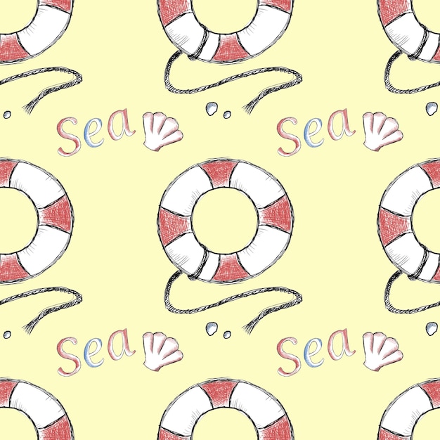 Seamless design with handdrawn lifebuoy and sea elements for vibrant beach decor