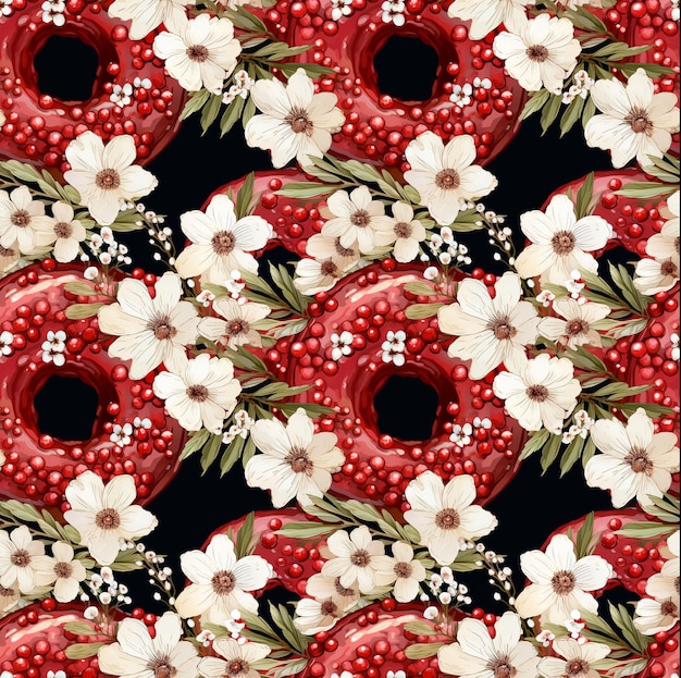 Seamless donut pattern with donuts red glaze white flowers on a black background