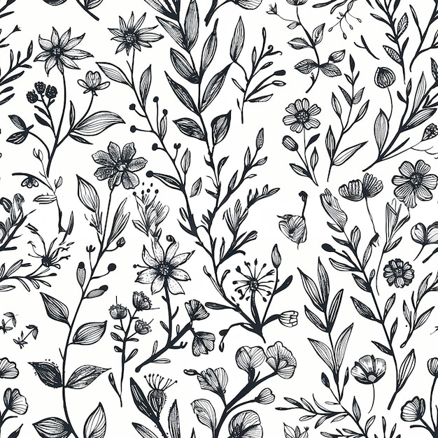 Photo seamless doodle floral vintage pattern on white background