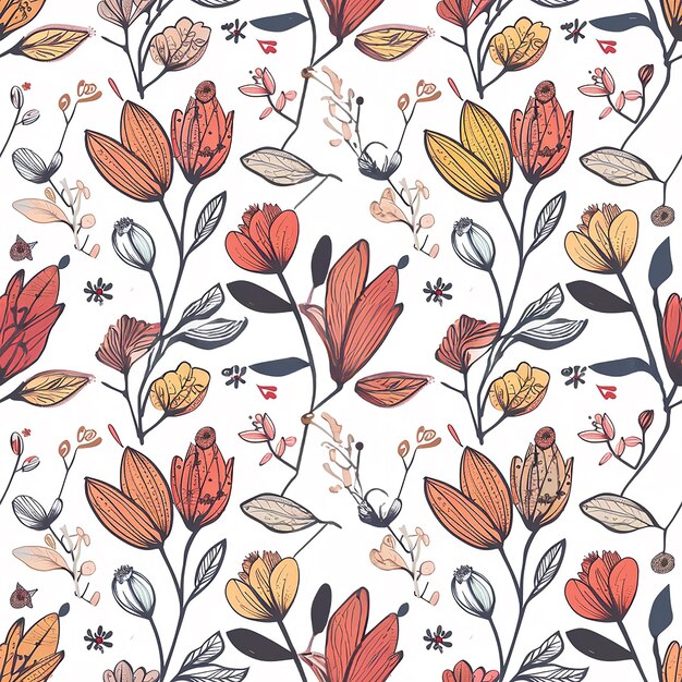 Photo seamless doodle floral vintage pattern on white background