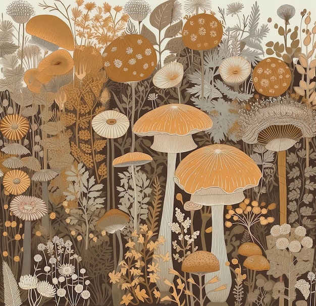 Seamless drawing of mushrooms in all browns Generative AI