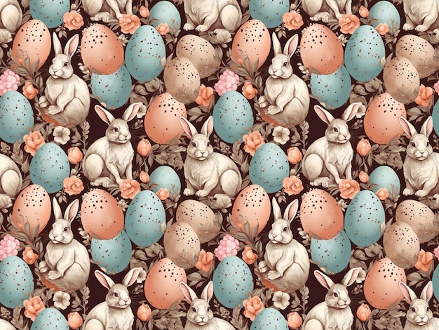 Seamless Easter pattern with colorful eggs bunnies and flowers