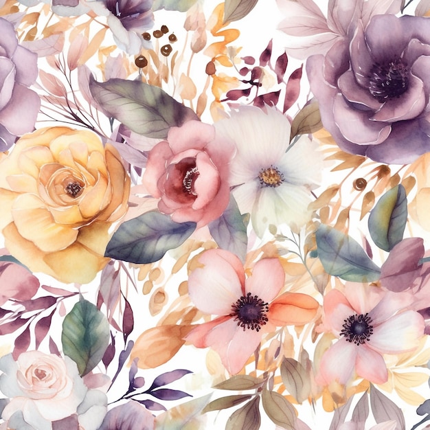 Seamless Elegant Watercolor Pattern of Beautiful Flowers