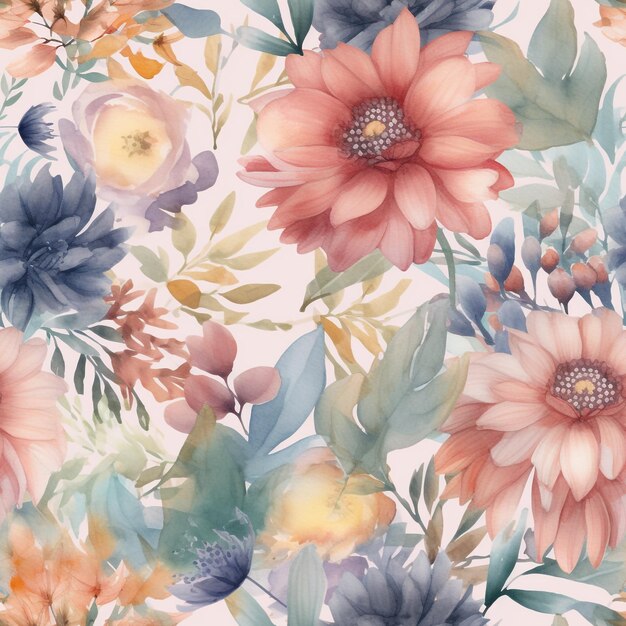 Seamless Elegant Watercolor Pattern of Beautiful Flowers