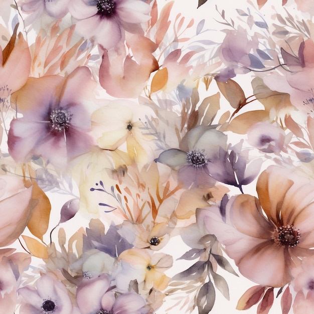 Seamless Elegant Watercolor Pattern of Beautiful Flowers