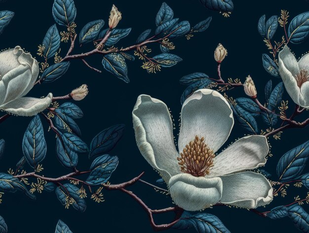 Foto modello di fiori di magnolia a ricamo senza cuciture su un design di tessuto a sfondo blu scuro