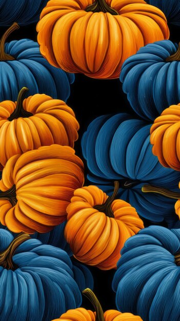 Seamless Embroidery of Pumpkins in Blue and Orange Tones