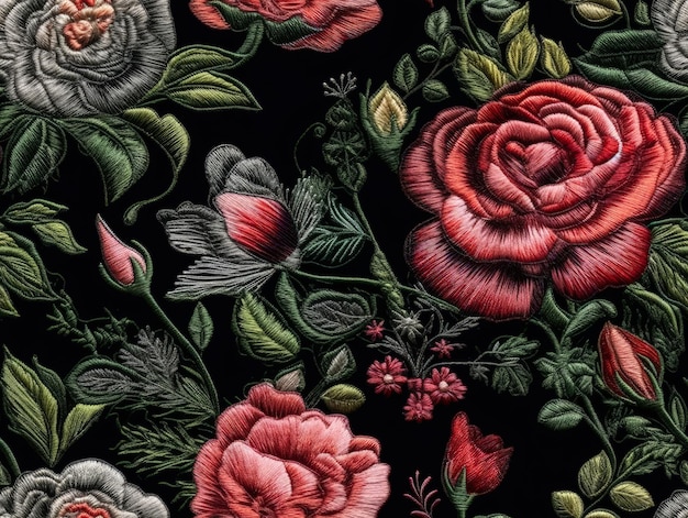 Seamless embroidery red roses pattern on black background fabric design