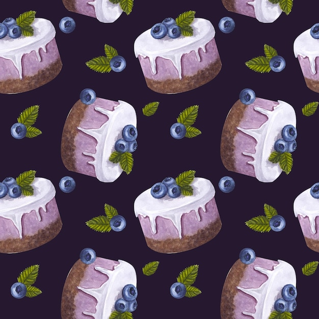 Seamless endless pattern cupcake with blueberries Dessert cake in glaze Mint leaves Handdrawn watercolor illustration on dark background For packaging fabric wallpaper