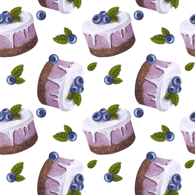 Seamless endless pattern cupcake with blueberries Dessert cake in glaze Mint leaves Handdrawn watercolor illustration isolated on white background For packaging fabric wallpaper