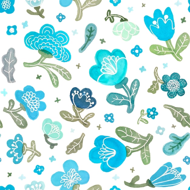 Фото Бесшовный бесконечный узор из милых нарисованных вручную акварельных цветов и листьев в зимних синих тонах для тканевых открыток, оберточной бумаги для детской одеждыxa