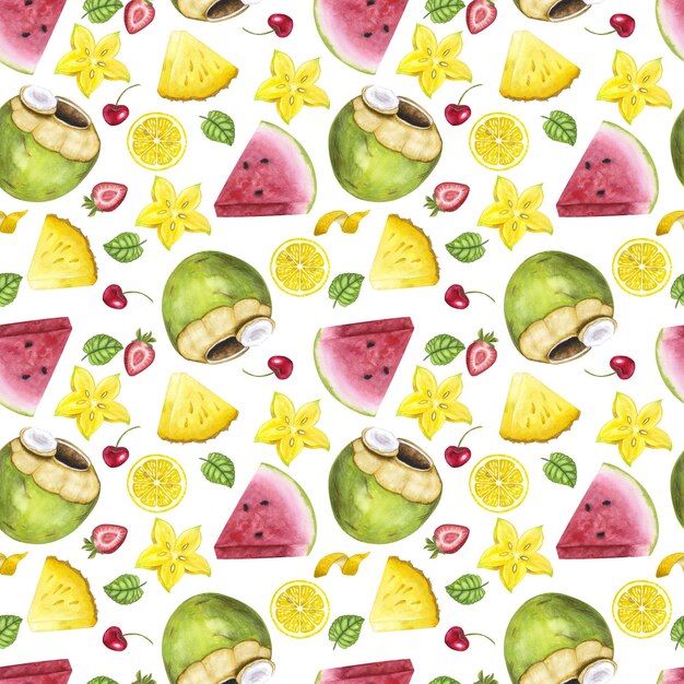 Seamless endless pattern Watermelon coconut pineapple carambola strawberry Hand drawn watercolor illustration isolated on white background