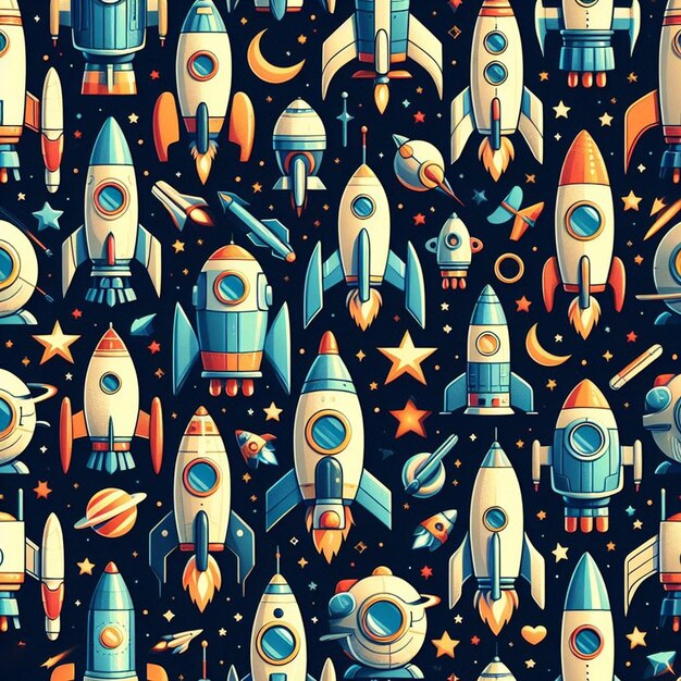 Seamless endless rockets ufos aliens Pattern Decor Vector Art Illustration Avatar Icon Wallpaper Pic