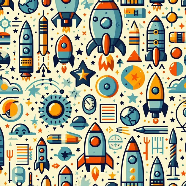 Seamless endless rockets ufos aliens pattern decor vector art illustration avatar icon wallpaper pic