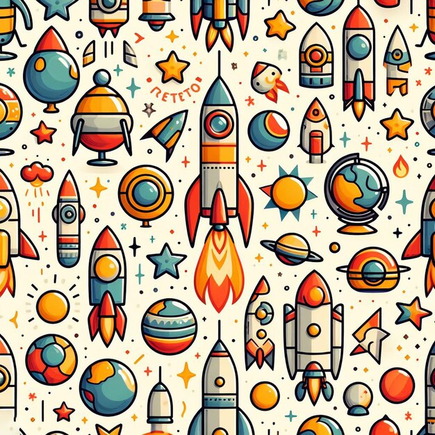 Seamless endless rockets ufos aliens Pattern Decor Vector Art Illustration Avatar Icon Wallpaper Pic