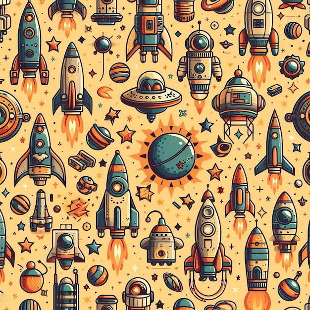 Seamless endless rockets ufos aliens Pattern Decor Vector Art Illustration Avatar Icon Wallpaper Pic