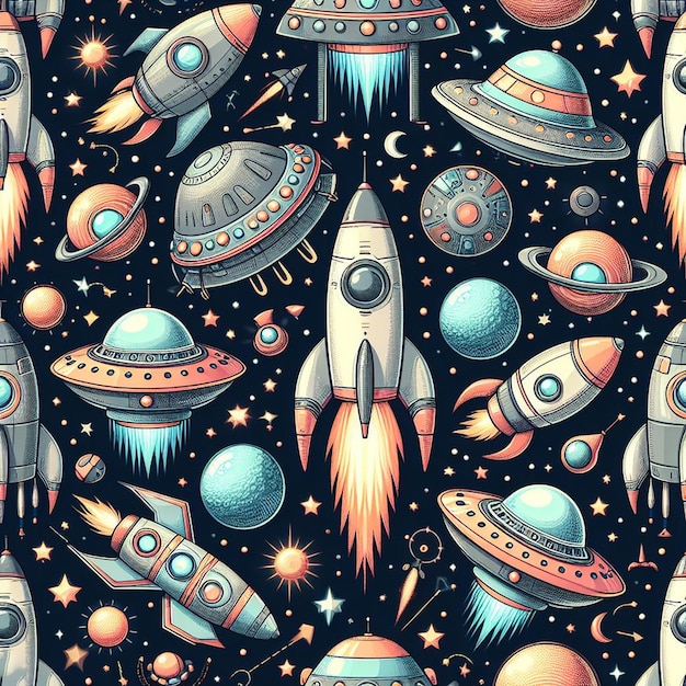 Seamless endless rockets ufos aliens Pattern Decor Vector Art Illustration Avatar Icon Wallpaper Pic