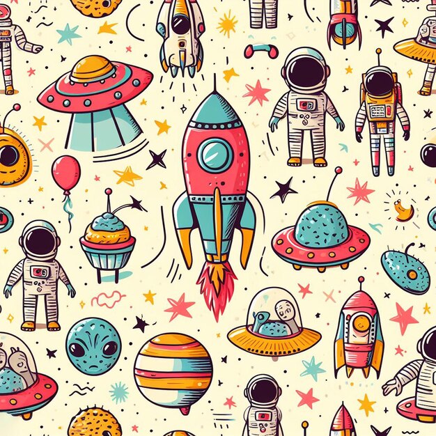 Seamless endless rockets ufos aliens Pattern Decor Vector Art Illustration Avatar Icon Wallpaper Pic