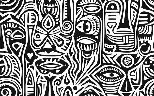 シームレス・エスニック・アフリカン・パターン 黒と白のカラーページ