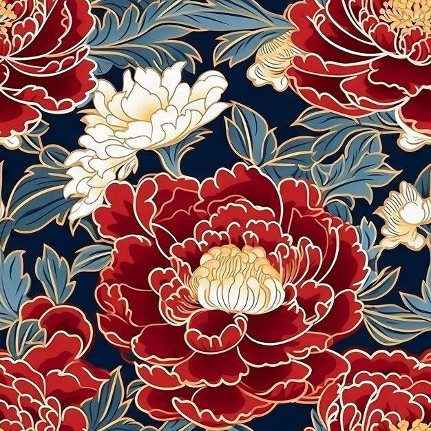 Photo seamless ethnic chinese motif floral pattern with red peony