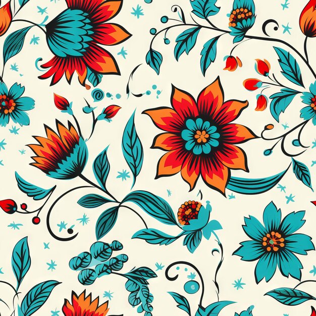 Seamless ethnic Indian motif floral pattern in red and light blue colours