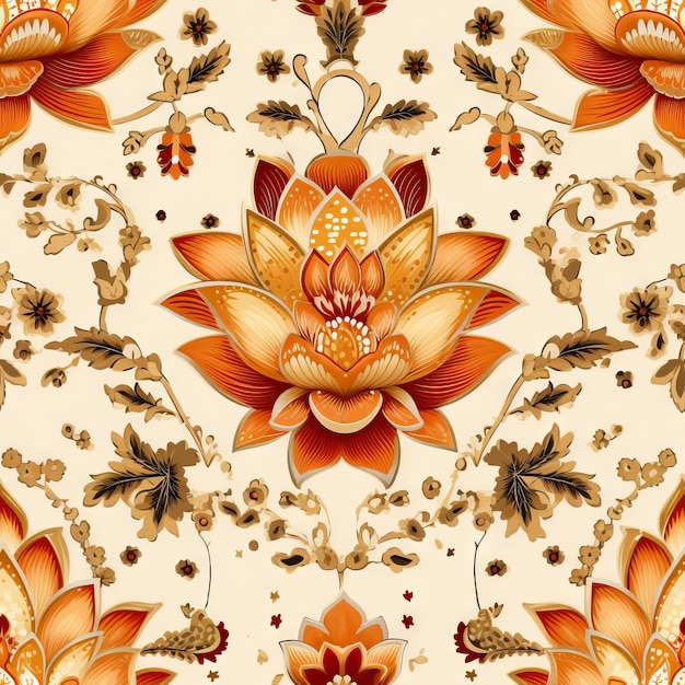 Photo seamless ethnic pattern with indian motifs incorporating lotus flower