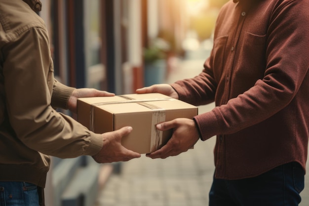 Foto scambio senza interruzioni le mani di courier39 trasferiscono senza intoppi un pacco per garantire un'esperienza di consegna fluida ed efficiente