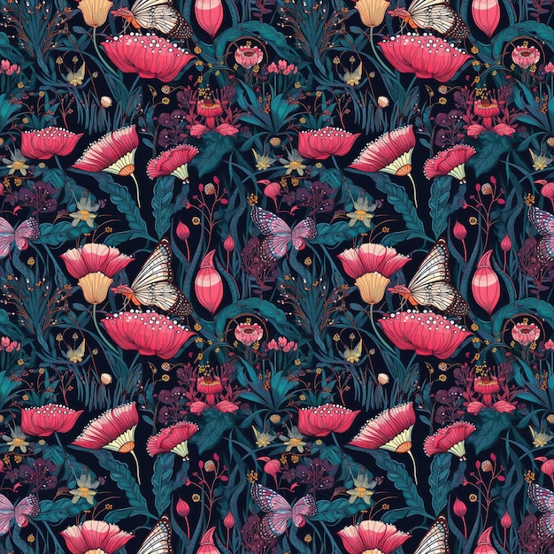 Seamless floral background of fantastic flowers and butterfly