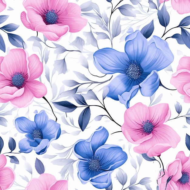 Seamless floral background with blue and pink flowers generative ai