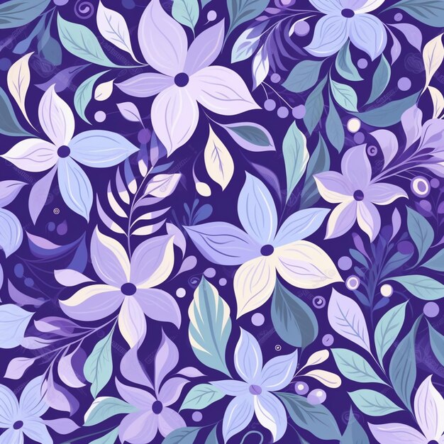 seamless floral background with blue and purple flowers and leaves generative ai