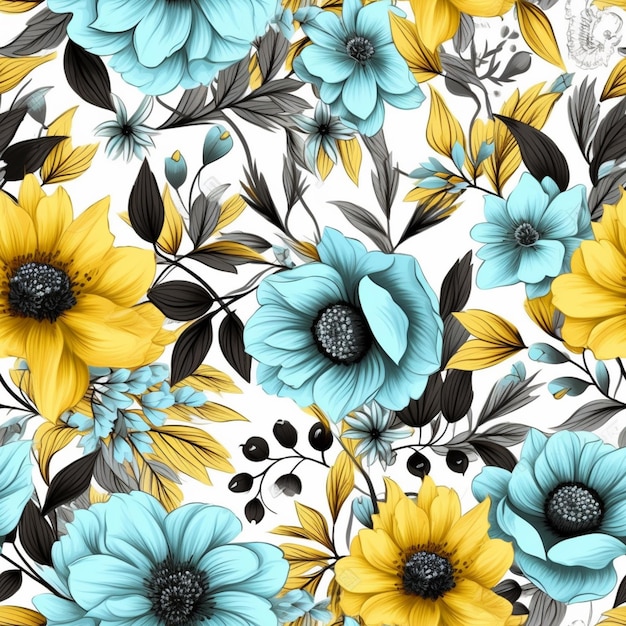 Seamless floral background with blue and yellow flowers generative ai