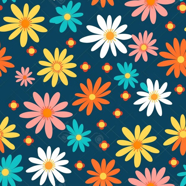 seamless floral background with colorful flowers on a blue background generativ ai