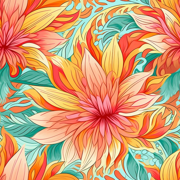 Seamless floral background with orange and blue flowers generative ai