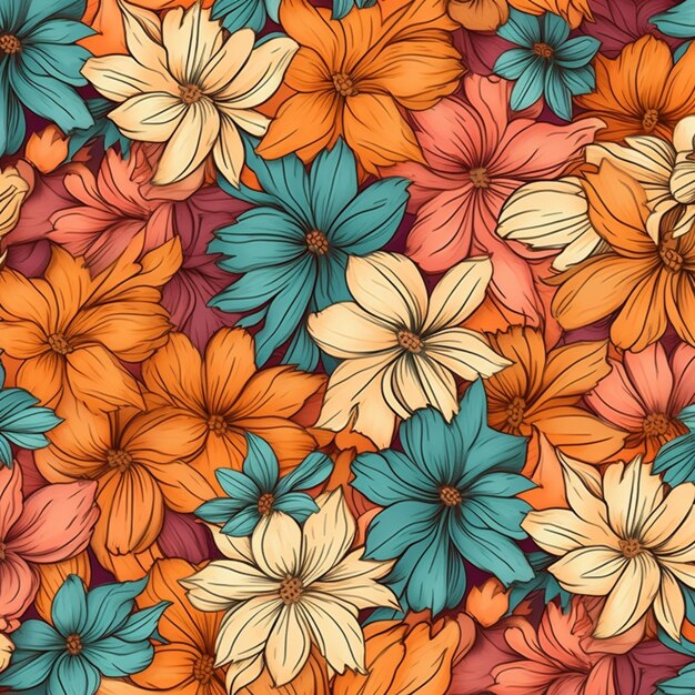 Seamless floral background with orange and blue flowers generative ai