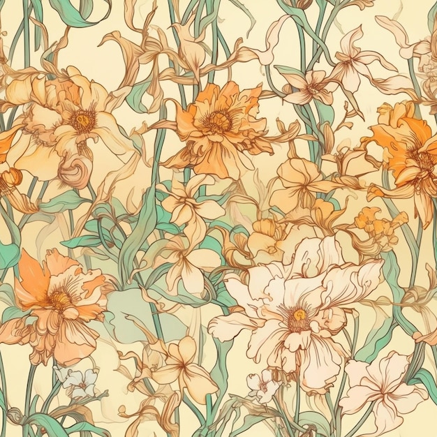 seamless floral background with orange and yellow flowers and leaves generative ai