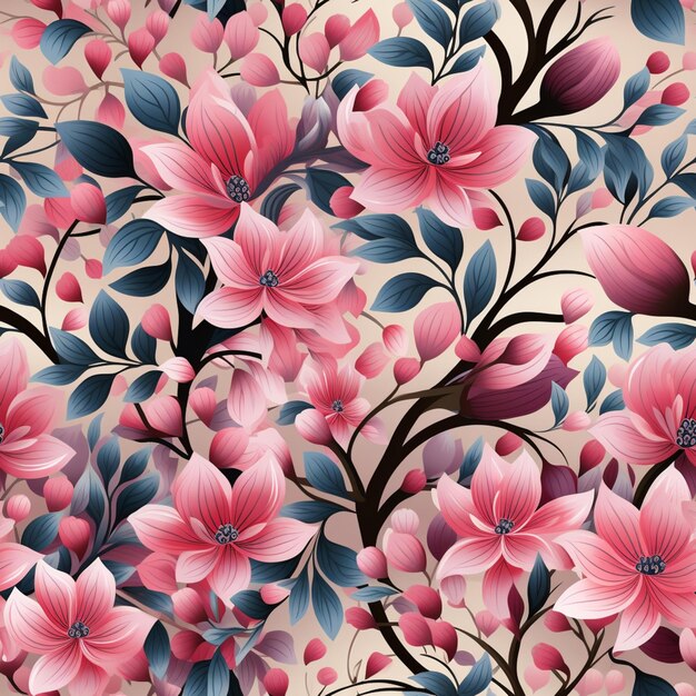 Seamless floral background with pink flowers and blue leaves generative ai