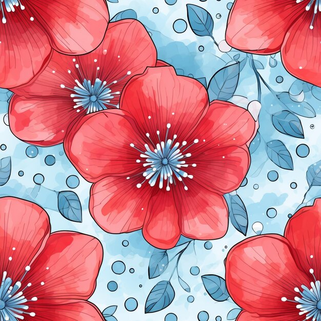 Seamless floral background with red flowers and blue leaves generative ai