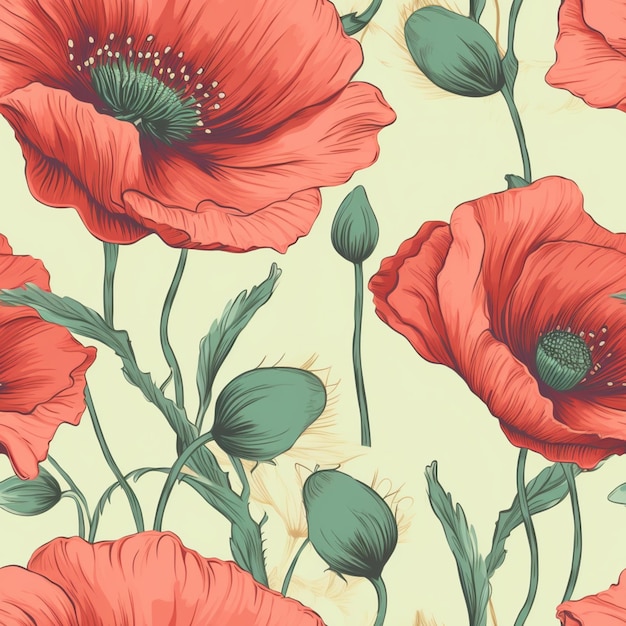 Seamless floral background with red poppies and green leaves generative ai