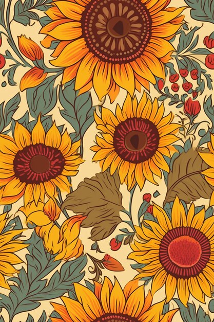 Seamless floral background with sunflowers and berries generative ai