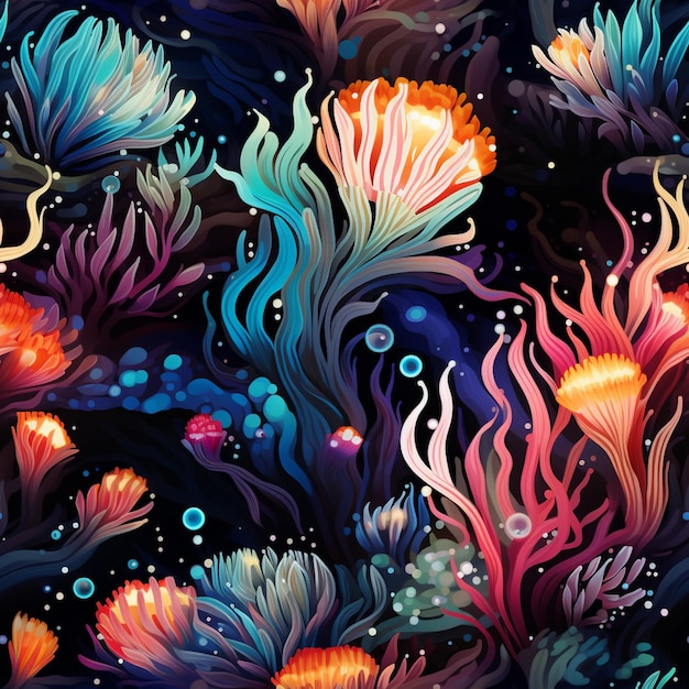 seamless floral background with underwater plants and bubbles generative ai