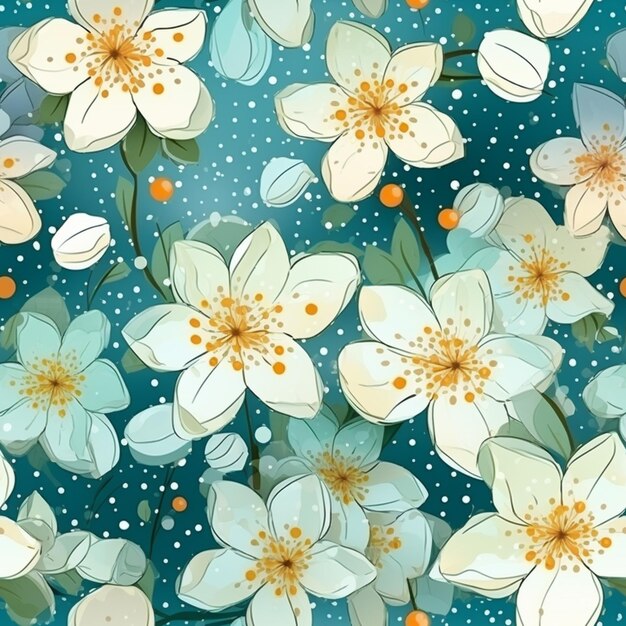 Seamless floral background with white flowers and orange berries generative ai