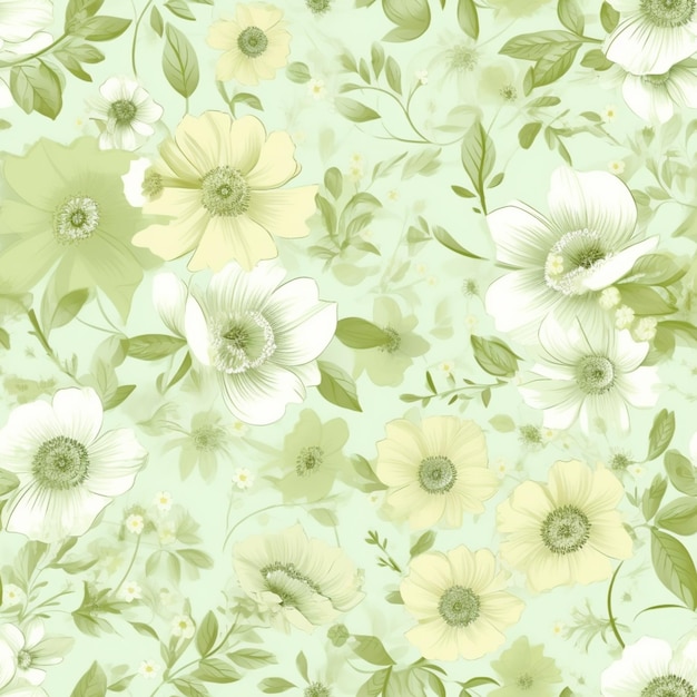 Photo seamless floral background with white and green flowers generative ai