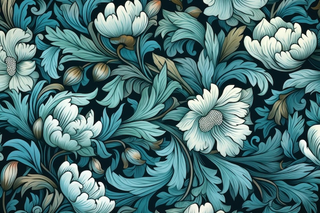 Seamless floral blue and white pattern background for designer in the style of William Morris