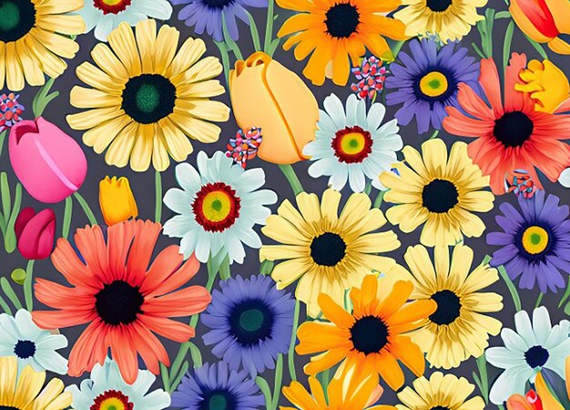 Seamless floral fabric botanical nature modern textile pattern background with colorful wildflowers