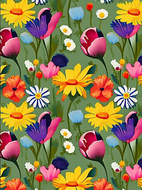 Seamless floral fabric botanical nature modern textile pattern background with colorful wildflowers