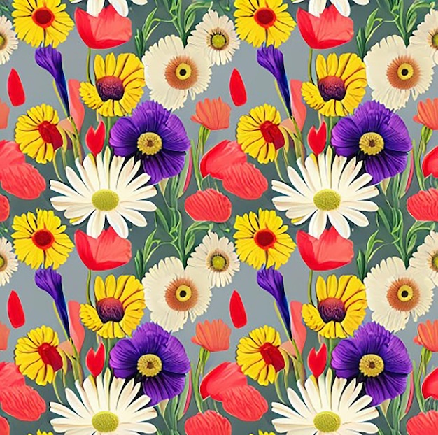 Seamless floral fabric botanical nature modern textile pattern background with colorful wildflowers