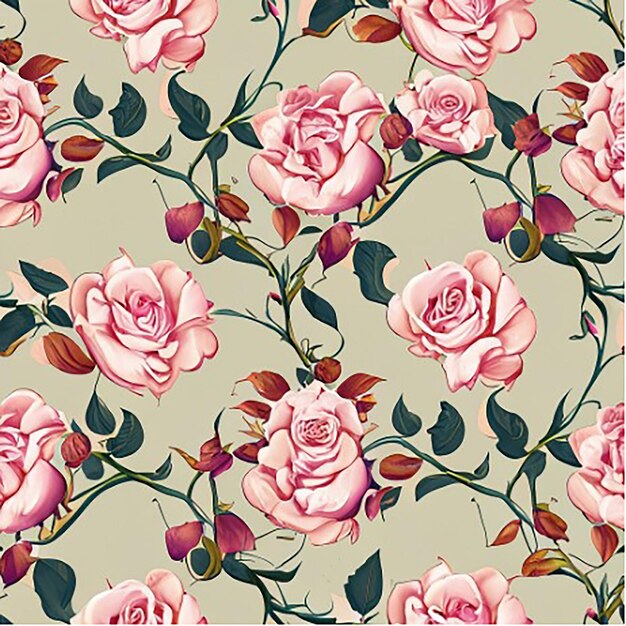 Seamless floral fabric botanical nature textile pattern background with roses with vines and leaves